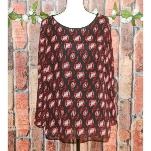Liz Claiborne Blouse Top Size L Red Black Geo Print Career Office Church Lined - Picture 1 of 9